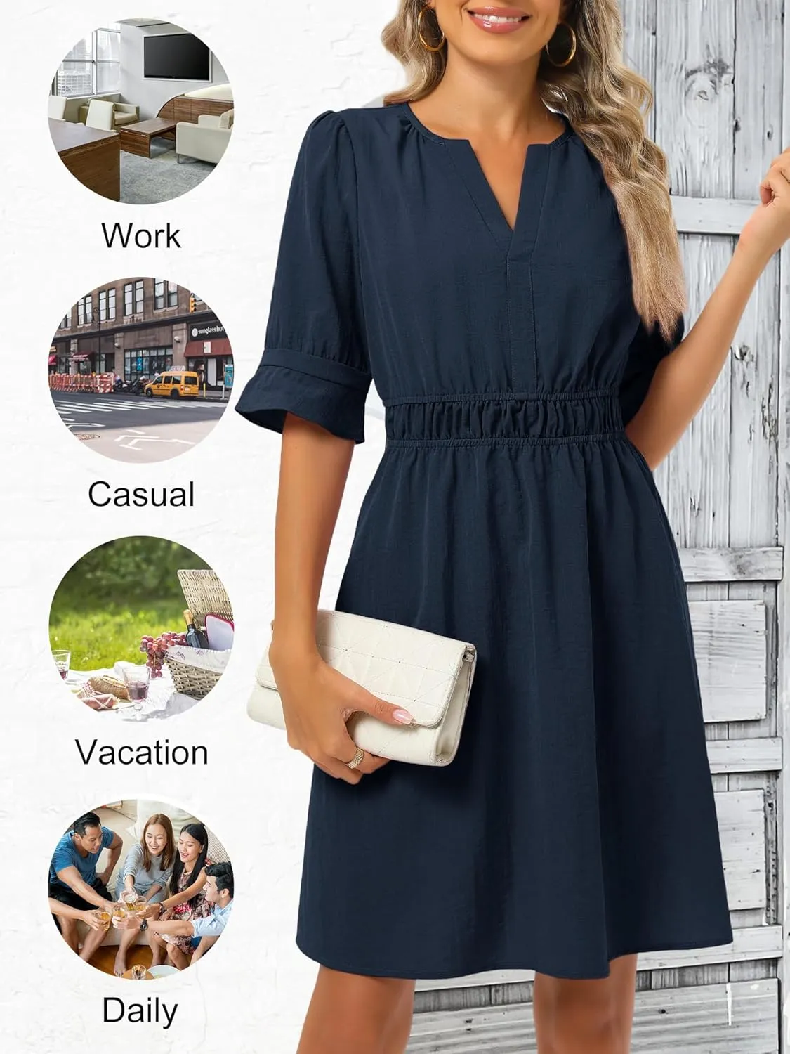 Loemes Womens Casual Work Shirt Dresses V Neck Midi Ruffle Sleeves Solid Color Drop Waist Flowy Summer Dresses with Pockets