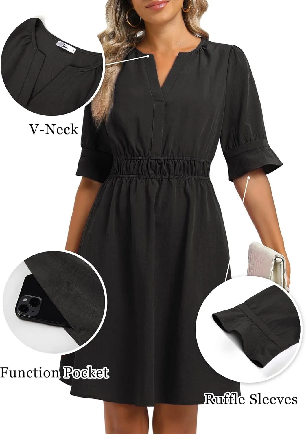 Loemes Womens Casual Work Shirt Dresses V Neck Midi Ruffle Sleeves Solid Color Drop Waist Flowy Summer Dresses with Pockets