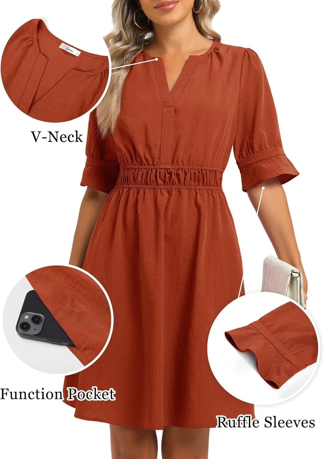 Loemes Womens Casual Work Shirt Dresses V Neck Midi Ruffle Sleeves Solid Color Drop Waist Flowy Summer Dresses with Pockets
