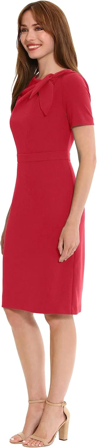 London Times Women's Boat Neck Side Tie Short Sleeve Knee Length-Cocktail Party Summer Dress with Bow Detail