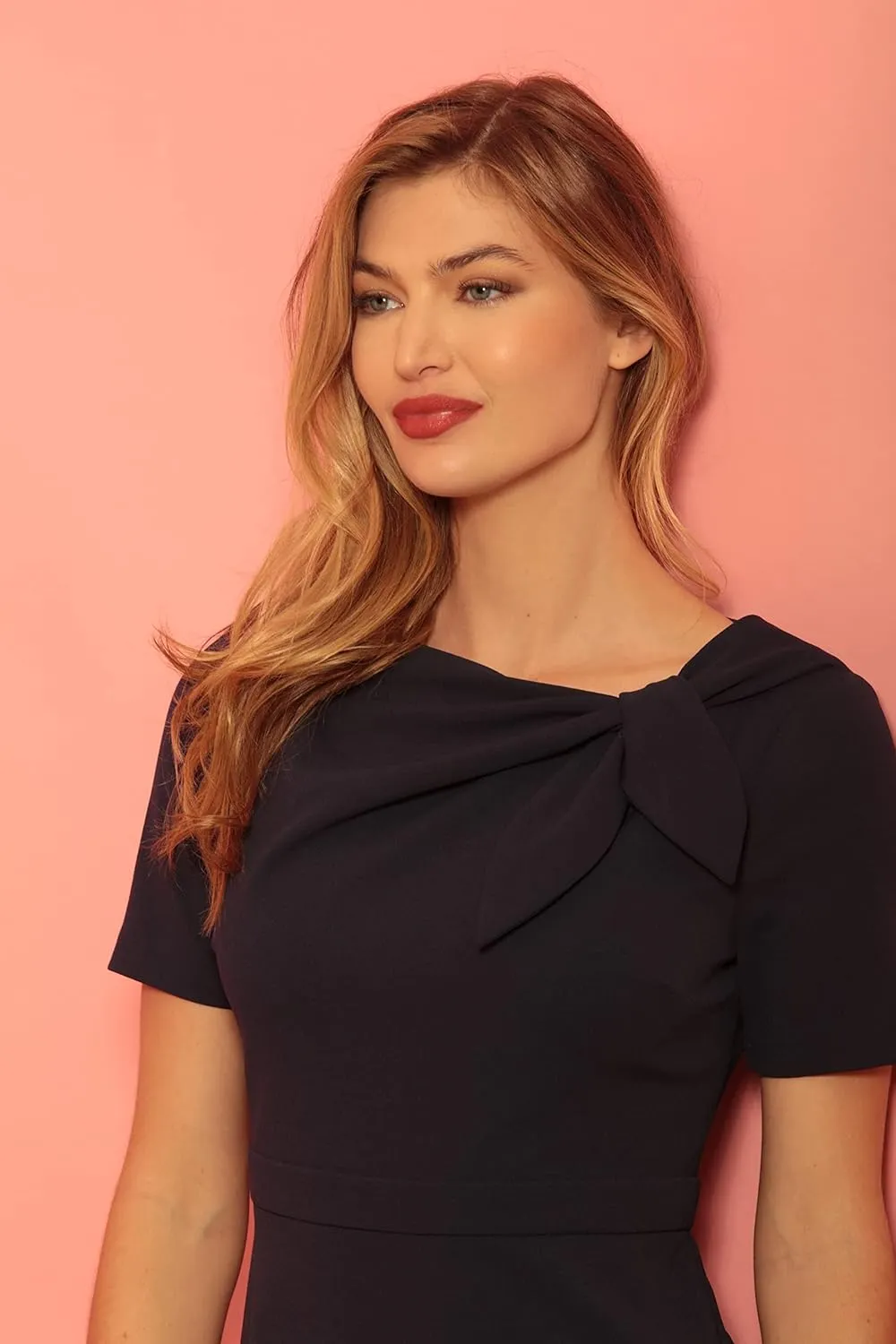 London Times Women's Boat Neck Side Tie Short Sleeve Knee Length-Cocktail Party Summer Dress with Bow Detail