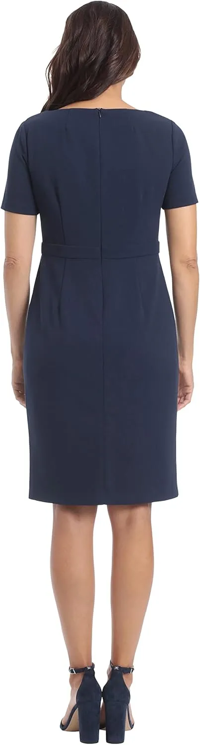 London Times Women's Boat Neck Side Tie Short Sleeve Knee Length-Cocktail Party Summer Dress with Bow Detail