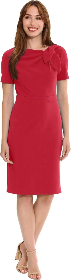 London Times Women's Boat Neck Side Tie Short Sleeve Knee Length-Cocktail Party Summer Dress with Bow Detail