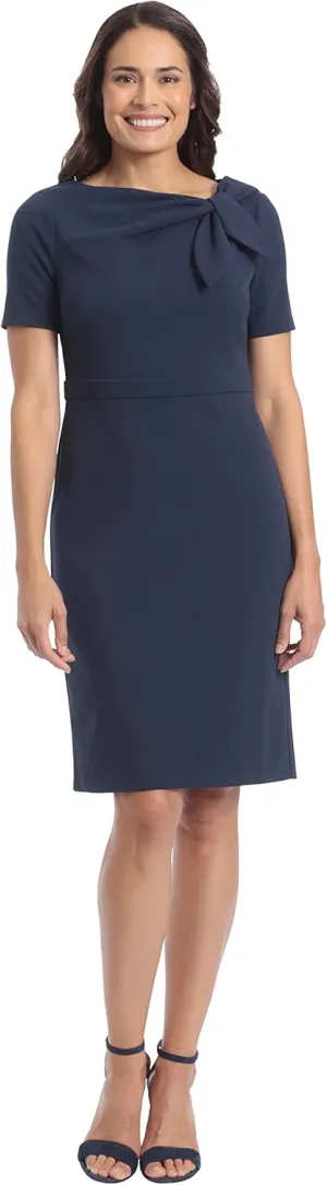 London Times Women's Boat Neck Side Tie Short Sleeve Knee Length-Cocktail Party Summer Dress with Bow Detail