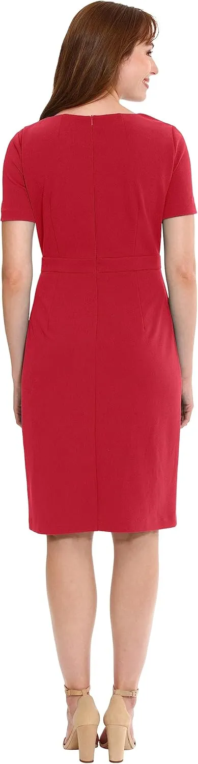 London Times Women's Boat Neck Side Tie Short Sleeve Knee Length-Cocktail Party Summer Dress with Bow Detail