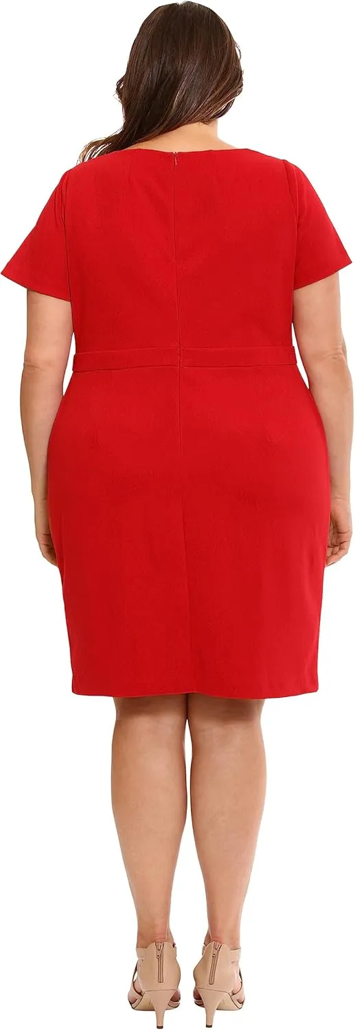 London Times Women's Boat Neck Side Tie Short Sleeve Knee Length-Cocktail Party Summer Dress with Bow Detail