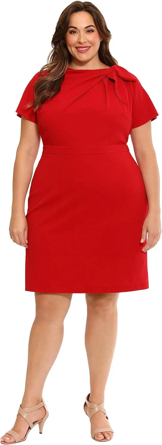 London Times Women's Boat Neck Side Tie Short Sleeve Knee Length-Cocktail Party Summer Dress with Bow Detail
