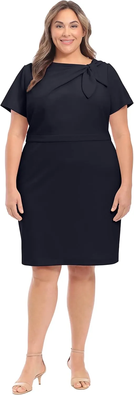London Times Women's Boat Neck Side Tie Short Sleeve Knee Length-Cocktail Party Summer Dress with Bow Detail