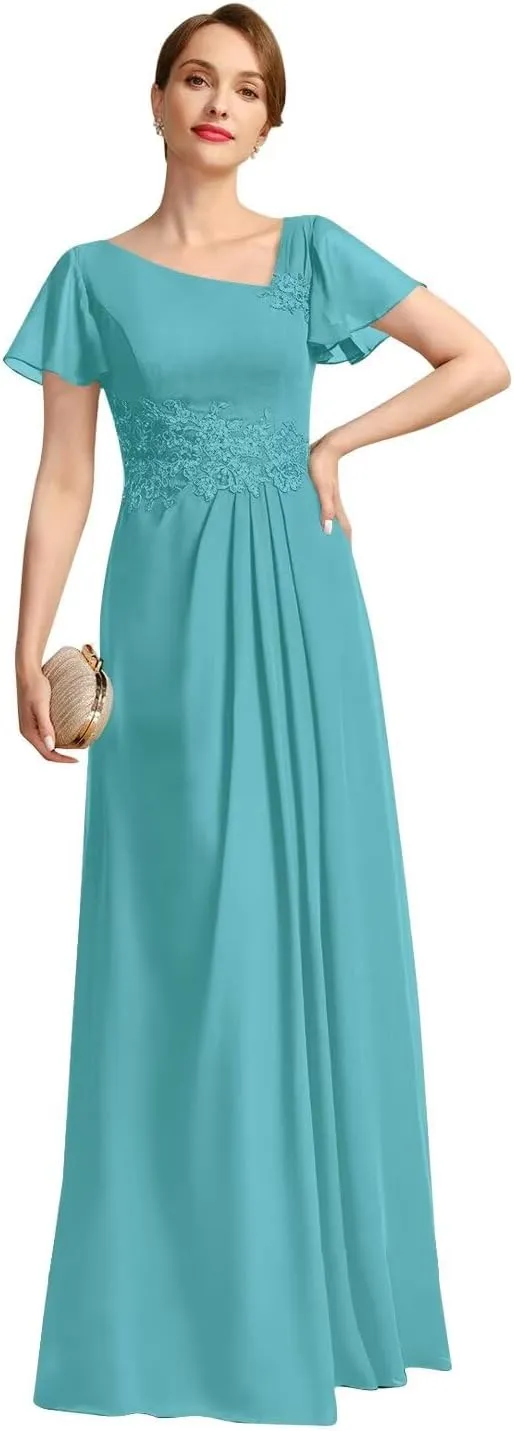 Long Chiffon Mother of The Bride Dress Ruffle Sleeve Asymmetrical Neck Formal Evening Gowns with Lace Appliques