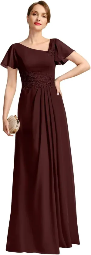 Long Chiffon Mother of The Bride Dress Ruffle Sleeve Asymmetrical Neck Formal Evening Gowns with Lace Appliques