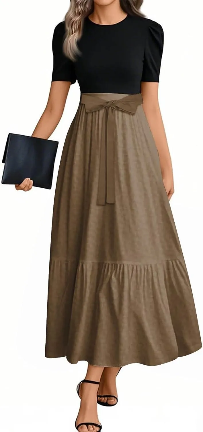 Long Dresses for Women Spring Solid Color Crewneck Light Tie Waist Short Sleeve Casual Vacation High Waist Long Dresses
