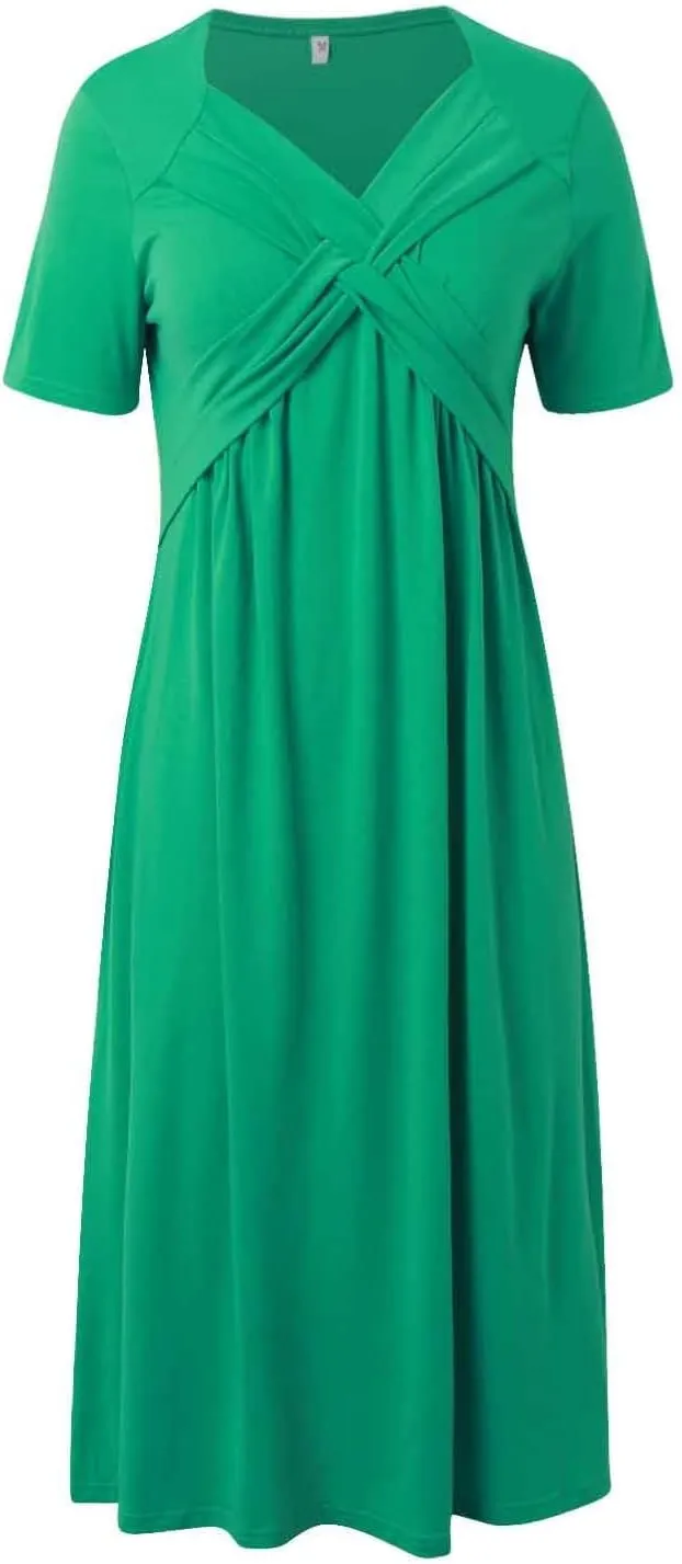 Long Dresses for Women Summer Casual Flowy A Line Dress Short Sleeve Wrap V Neck Maxi T Shirt Dresses with Pockets