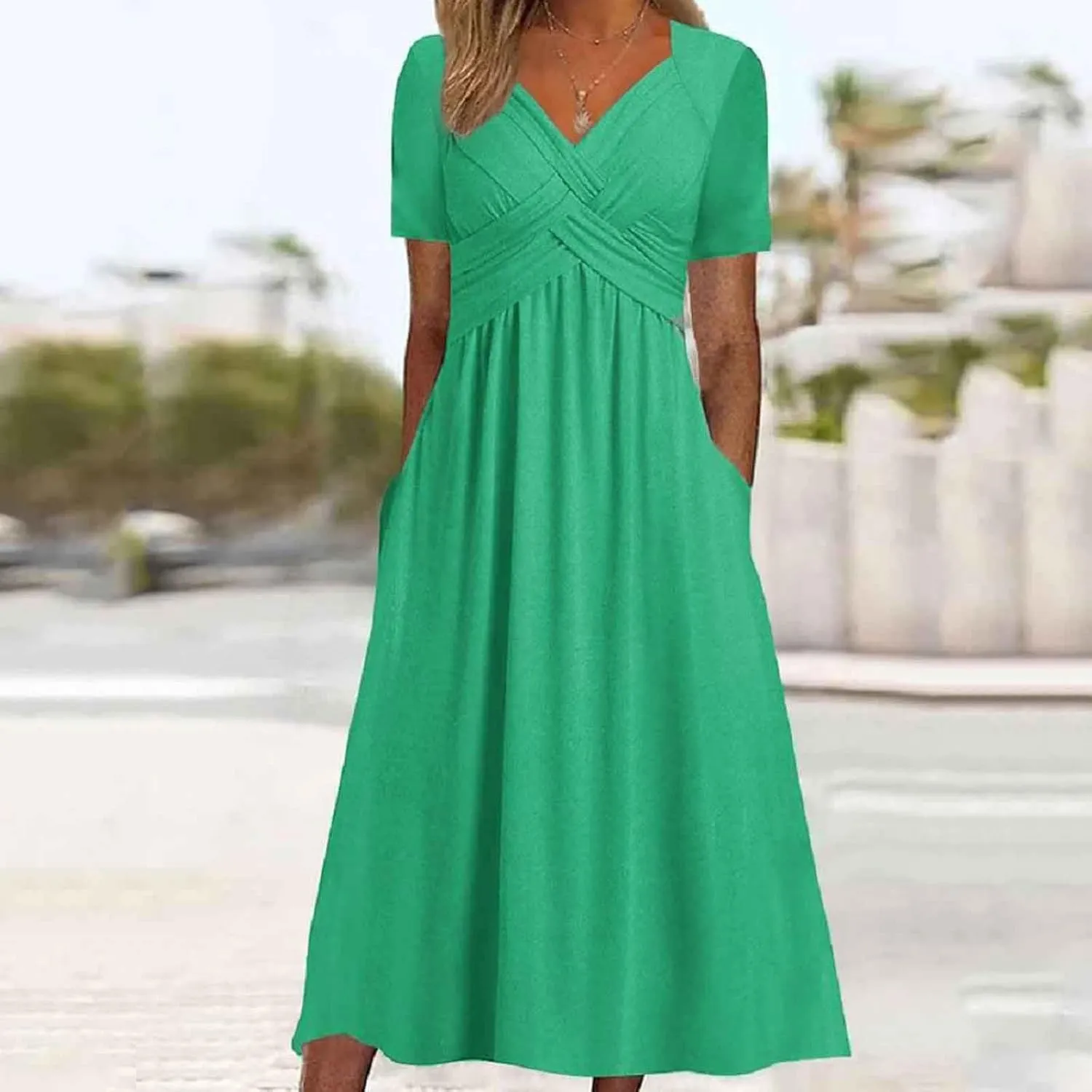 Long Dresses for Women Summer Casual Flowy A Line Dress Short Sleeve Wrap V Neck Maxi T Shirt Dresses with Pockets