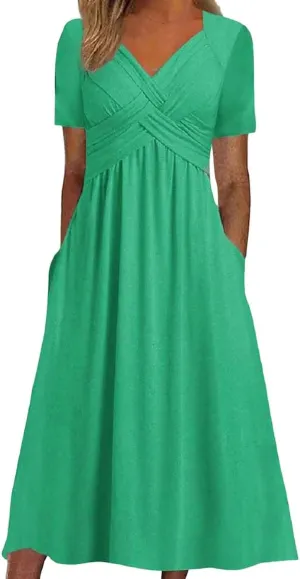 Long Dresses for Women Summer Casual Flowy A Line Dress Short Sleeve Wrap V Neck Maxi T Shirt Dresses with Pockets