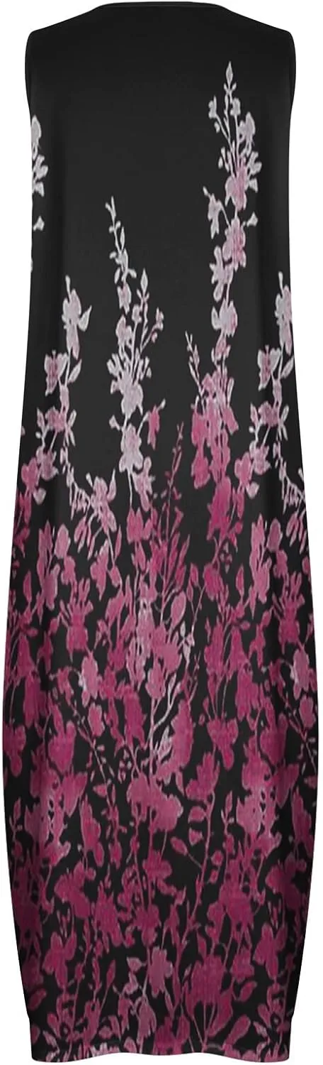 Long Dresses for Women Summer Sleeveless Floral Tank Dress Elegant Party Casual V Neck Hawaiian Sundress with Pockets