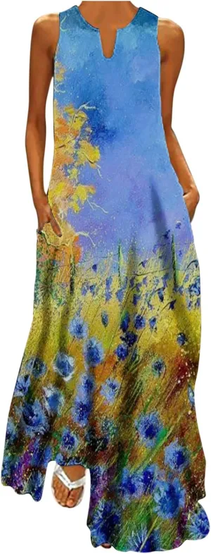 Long Dresses for Women Summer Sleeveless Floral Tank Dress Elegant Party Casual V Neck Hawaiian Sundress with Pockets