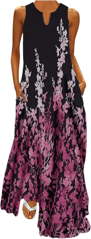 Long Dresses for Women Summer Sleeveless Floral Tank Dress Elegant Party Casual V Neck Hawaiian Sundress with Pockets