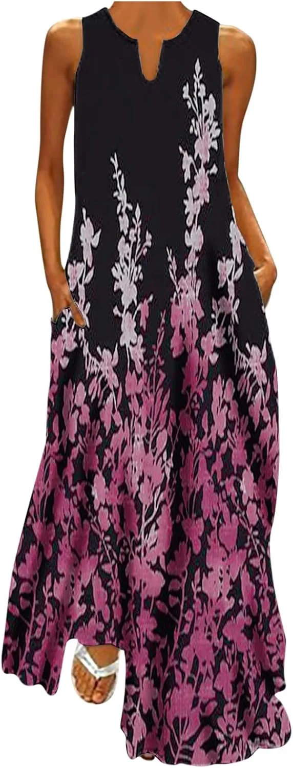 Long Dresses for Women Summer Sleeveless Floral Tank Dress Elegant Party Casual V Neck Hawaiian Sundress with Pockets