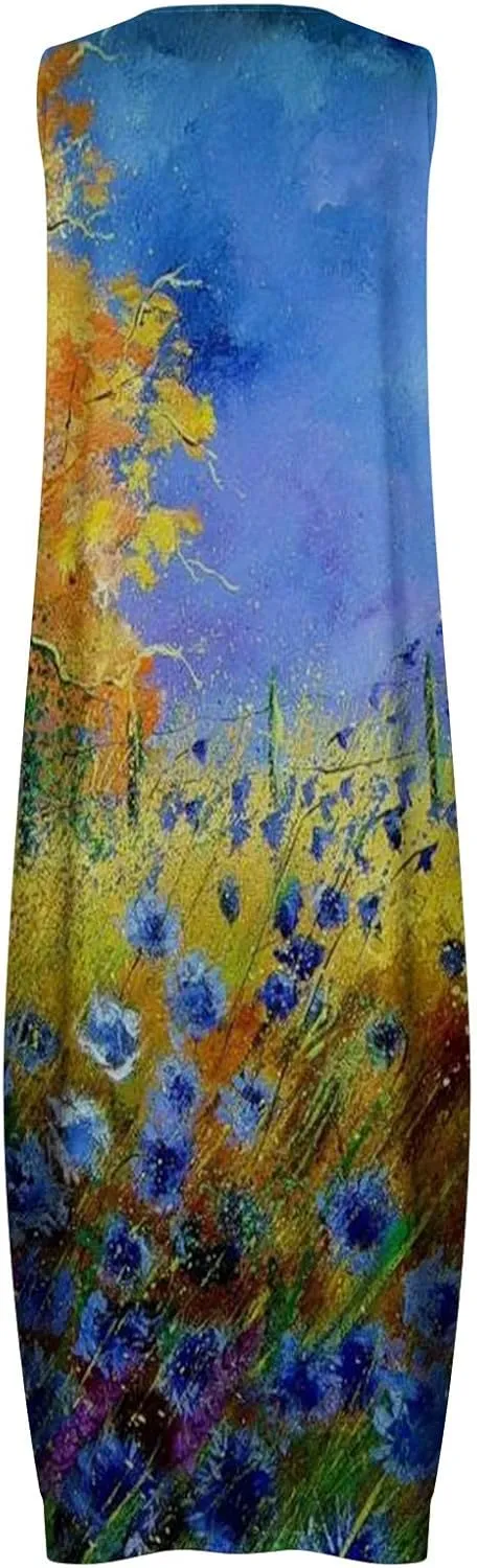 Long Dresses for Women Summer Sleeveless Floral Tank Dress Elegant Party Casual V Neck Hawaiian Sundress with Pockets