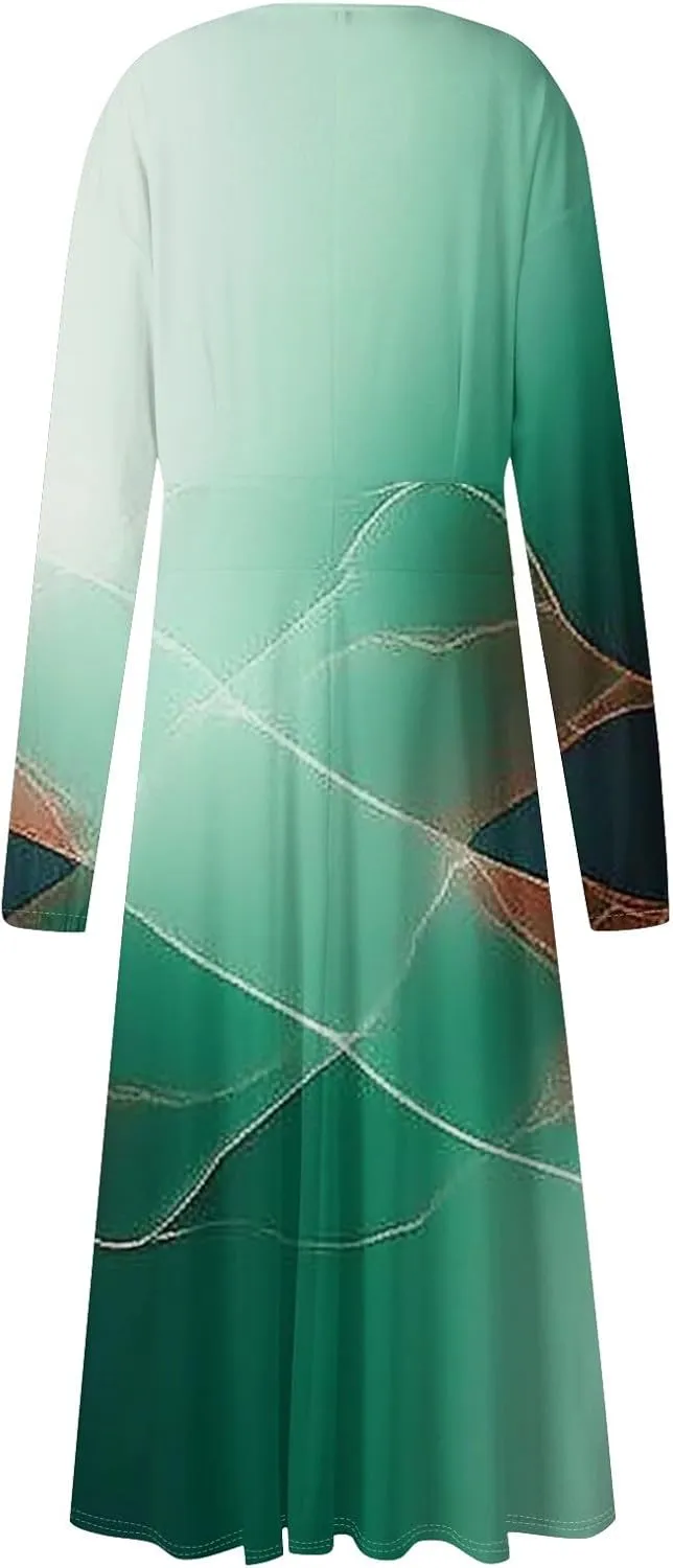 Long Sleeve Dress Women Midi Spring V Neck Puff Sleeve Wrap Dress Floral Graphic High Waist Ruched Dresses Party Dress
