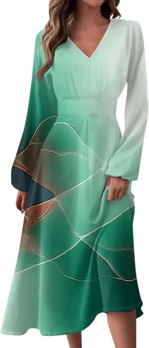 Long Sleeve Dress Women Midi Spring V Neck Puff Sleeve Wrap Dress Floral Graphic High Waist Ruched Dresses Party Dress