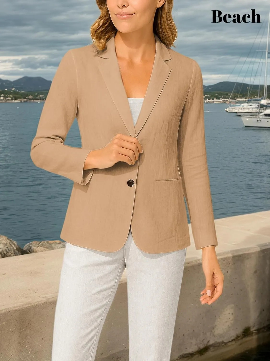 Long Sleeve Linen Blazer Women 2025 Summer Lightweight Breathable Lapel Beach Vacation Jacket With Pockets