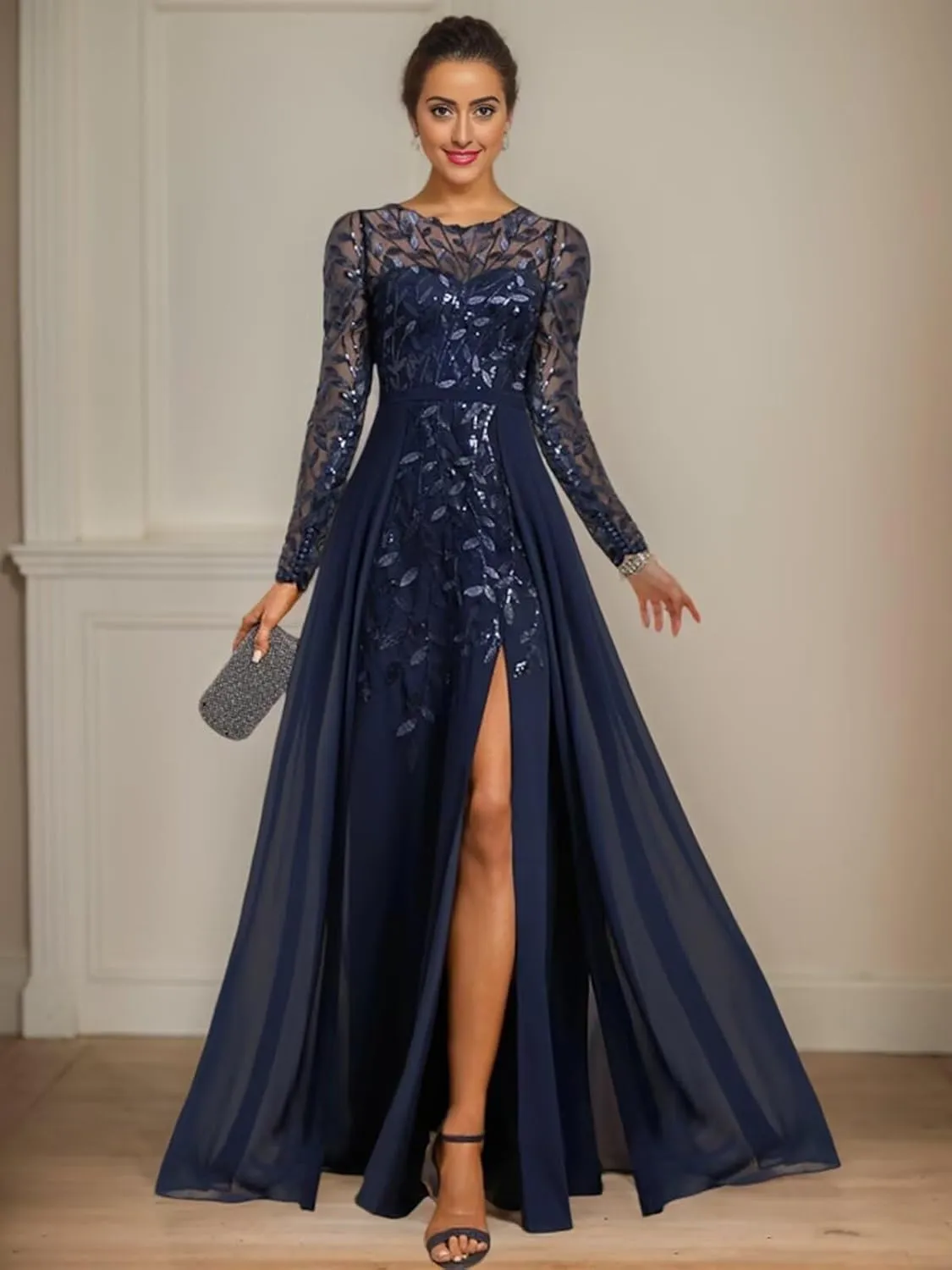 Long Sleeve Mother of The Bride Dresses for Women Chiffon Formal Gowns Sequin Evening Dresses with Slit
