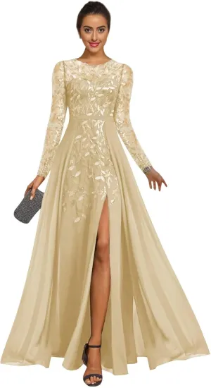 Long Sleeve Mother of The Bride Dresses for Women Chiffon Formal Gowns Sequin Evening Dresses with Slit