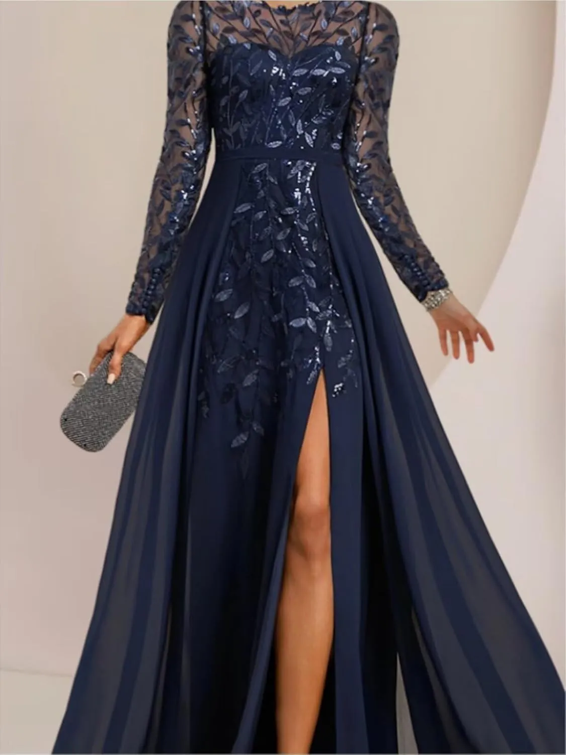 Long Sleeve Mother of The Bride Dresses for Women Chiffon Formal Gowns Sequin Evening Dresses with Slit
