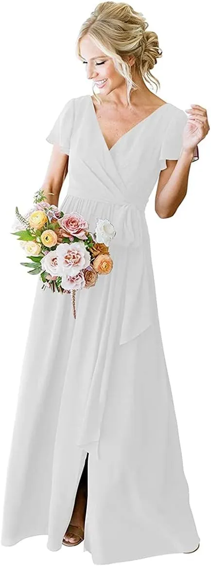 Long White Bridesmaid Dress Plus Size Formal Wedding Guest Dresses for Women V-Neck Chiffon Evening Gowns 20W