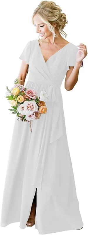 Long White Bridesmaid Dress Plus Size Formal Wedding Guest Dresses for Women V-Neck Chiffon Evening Gowns 20W