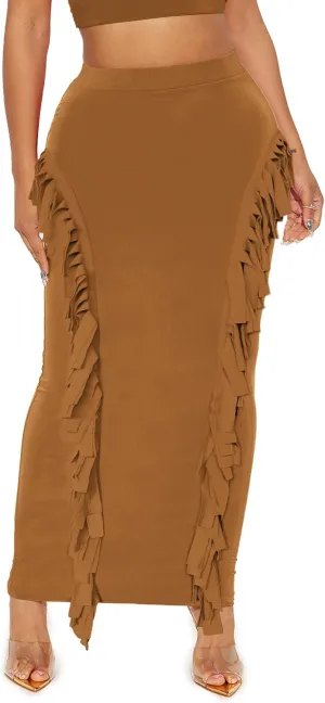 Lrady Womens Fringe Pencil Skirt Side Tassel Slim Elastic High Waist Elegant Party Club Bodycon Maxi Long Skirts