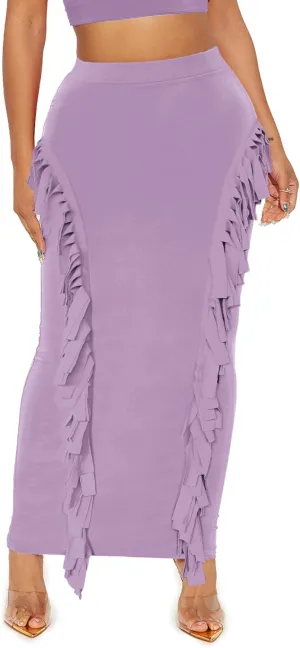 Lrady Womens Fringe Pencil Skirt Side Tassel Slim Elastic High Waist Elegant Party Club Bodycon Maxi Long Skirts