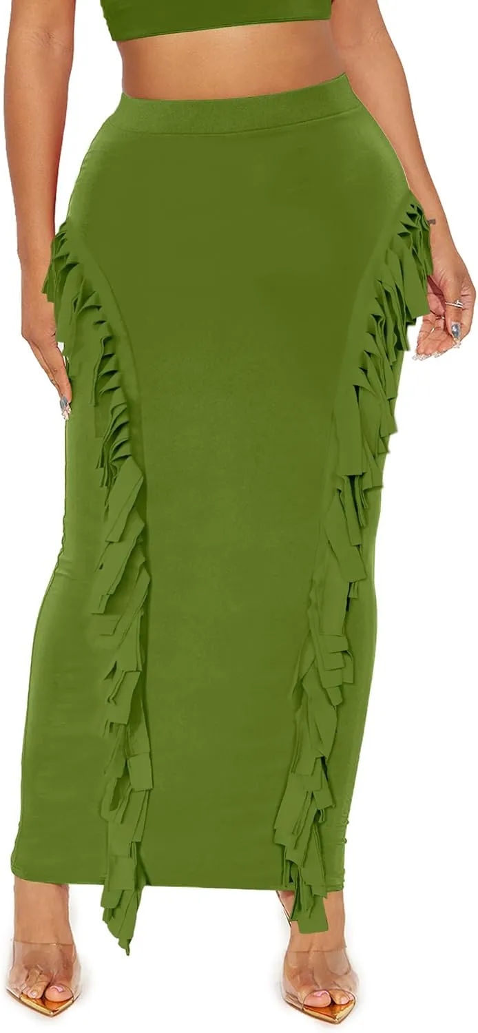 Lrady Womens Fringe Pencil Skirt Side Tassel Slim Elastic High Waist Elegant Party Club Bodycon Maxi Long Skirts
