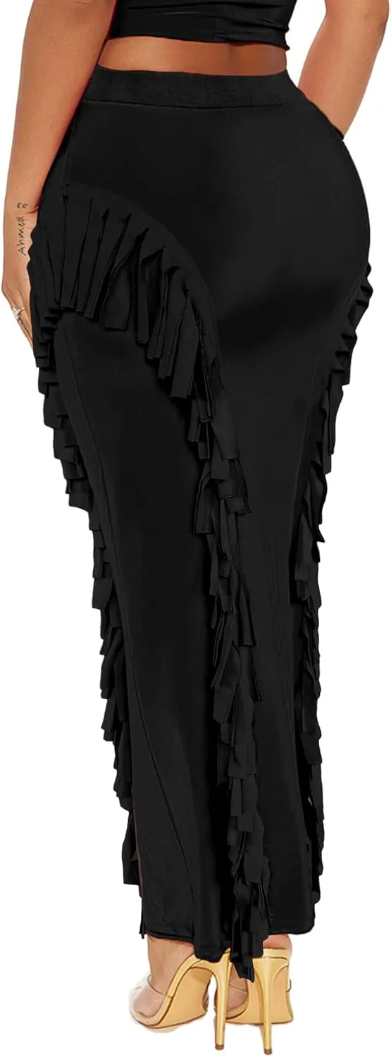 Lrady Womens Fringe Pencil Skirt Side Tassel Slim Elastic High Waist Elegant Party Club Bodycon Maxi Long Skirts