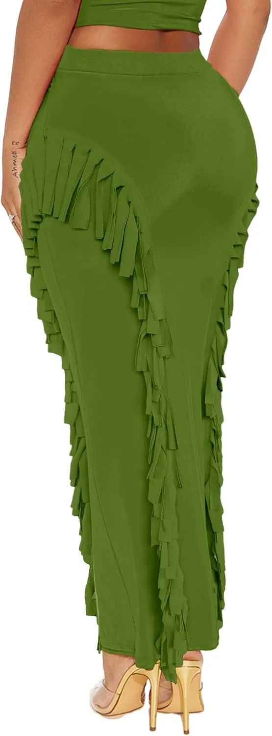 Lrady Womens Fringe Pencil Skirt Side Tassel Slim Elastic High Waist Elegant Party Club Bodycon Maxi Long Skirts