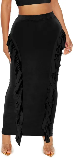 Lrady Womens Fringe Pencil Skirt Side Tassel Slim Elastic High Waist Elegant Party Club Bodycon Maxi Long Skirts