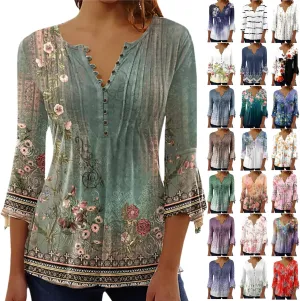 LRMQS 3/4 Length Sleeve Womens Tops 2025 Casual Summer Boho Spring Tunic Shirts Trendy Floral Bohemian Blouses Ladies Clothes