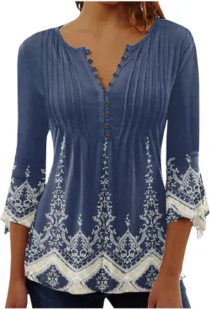 LRMQS 3/4 Length Sleeve Womens Tops 2025 Casual Summer Boho Spring Tunic Shirts Trendy Floral Bohemian Blouses Ladies Clothes