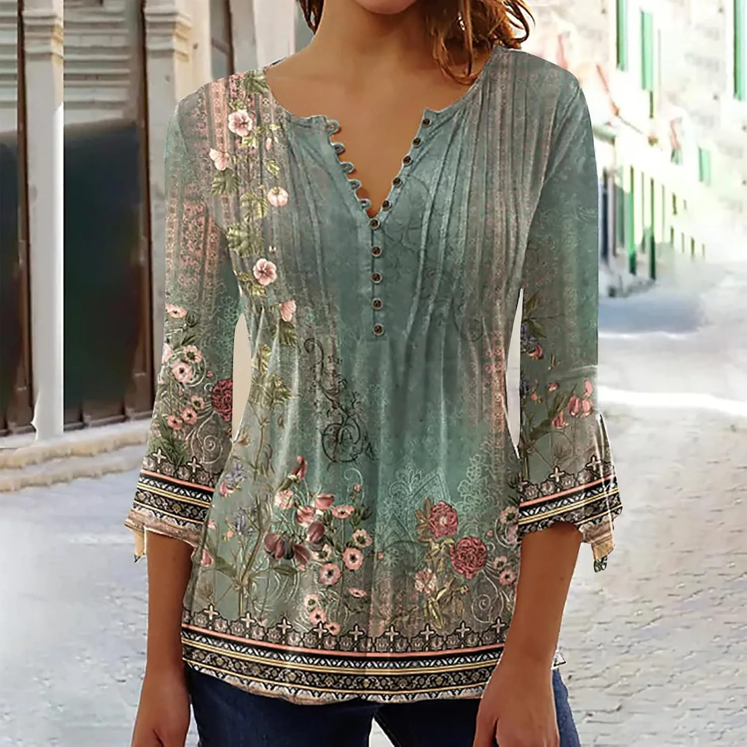 LRMQS 3/4 Length Sleeve Womens Tops 2025 Casual Summer Boho Spring Tunic Shirts Trendy Floral Bohemian Blouses Ladies Clothes