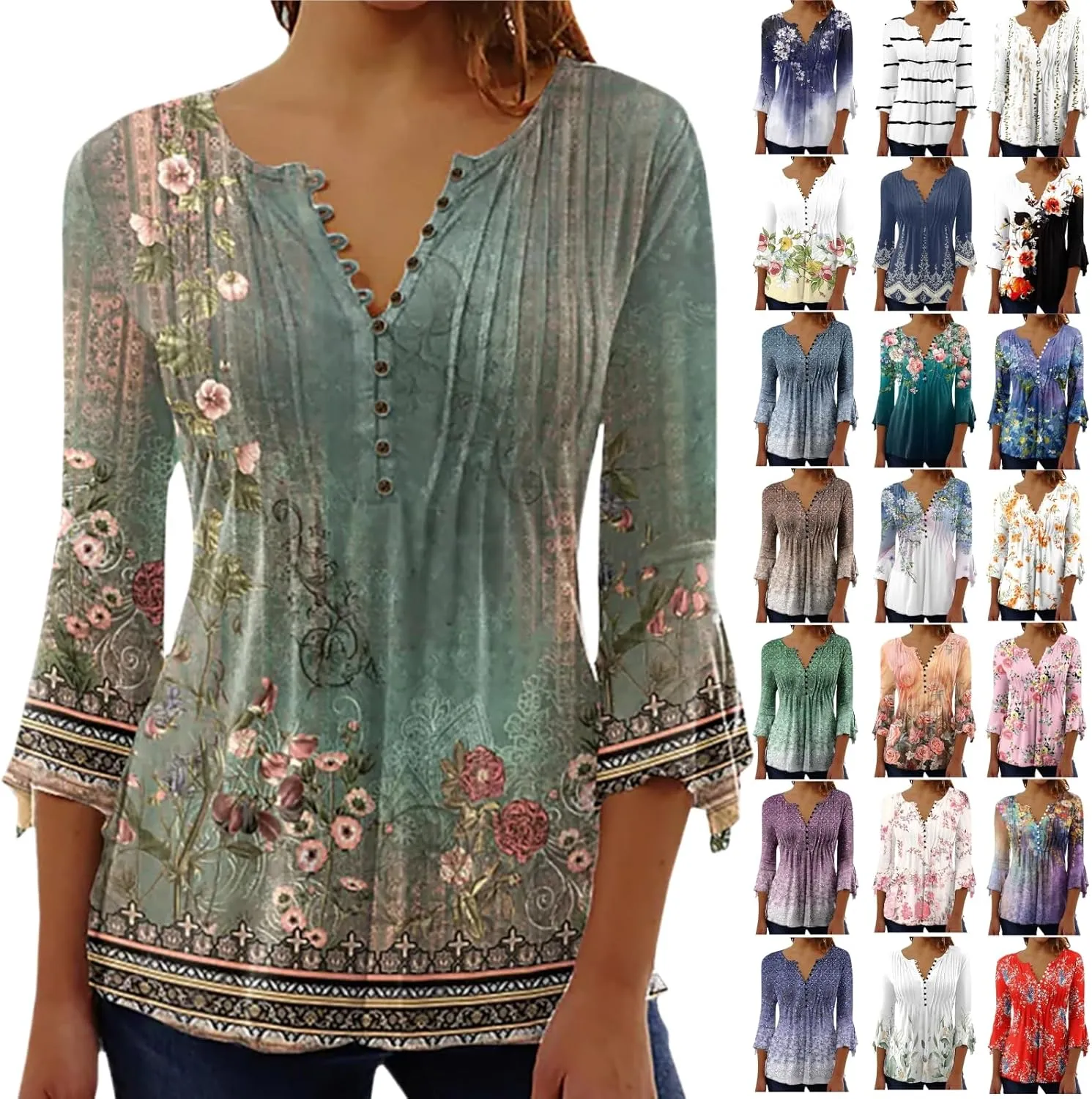 LRMQS 3/4 Length Sleeve Womens Tops 2025 Casual Summer Boho Spring Tunic Shirts Trendy Floral Bohemian Blouses Ladies Clothes