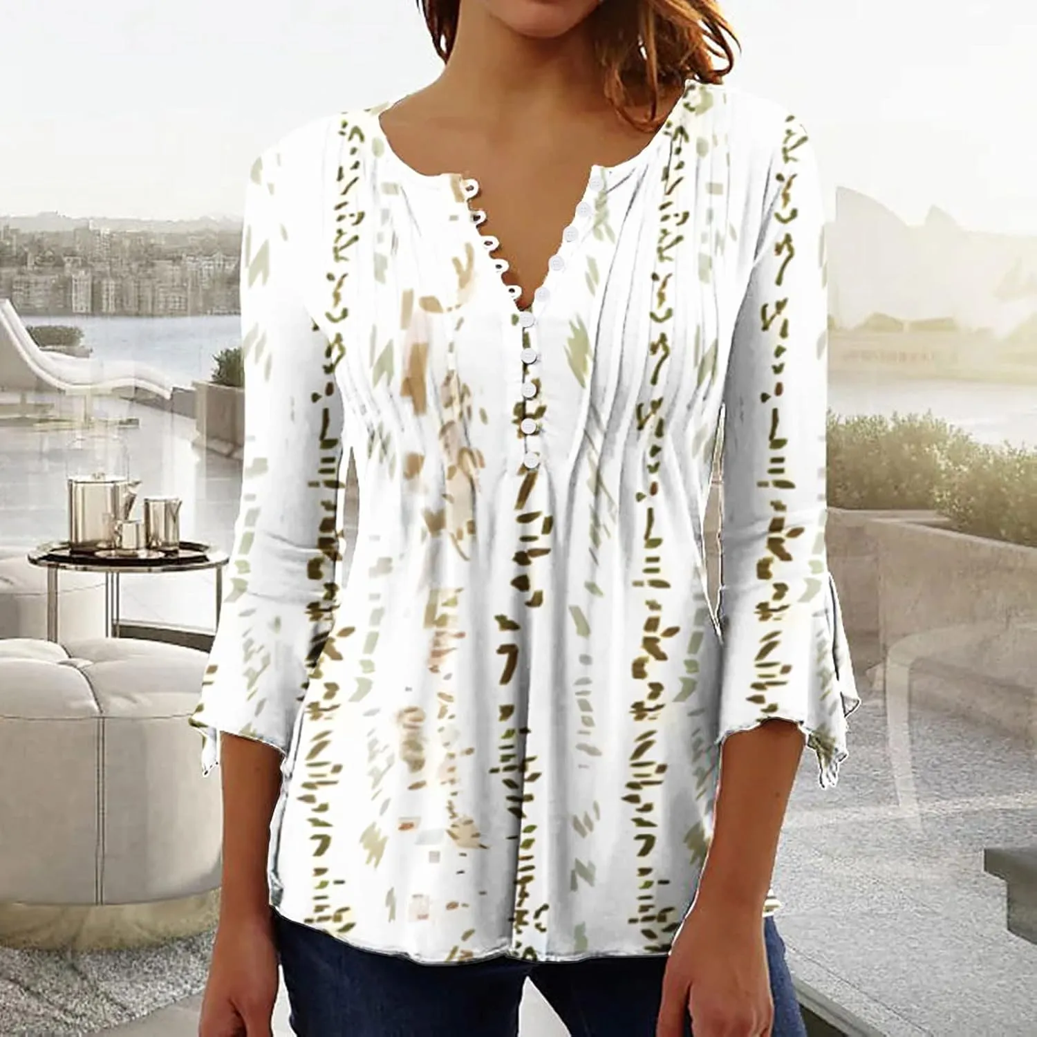 LRMQS 3/4 Length Sleeve Womens Tops 2025 Casual Summer Boho Spring Tunic Shirts Trendy Floral Bohemian Blouses Ladies Clothes
