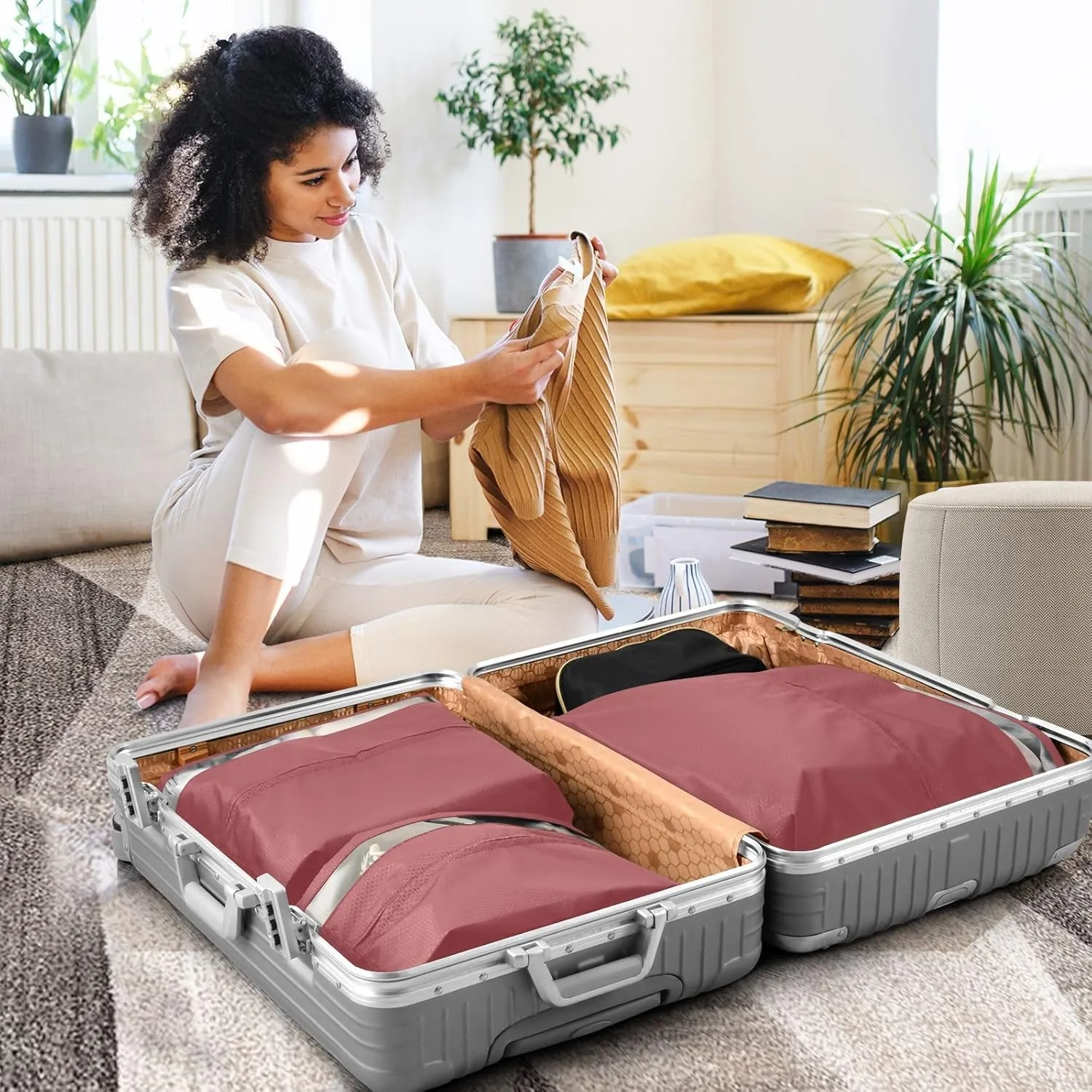 Luggage Space Saver, Luggages Management Personnel, Red, With Zipper, 3 Set Travel Packing Cubes For Suitcases, Garment Bag Closet Storage