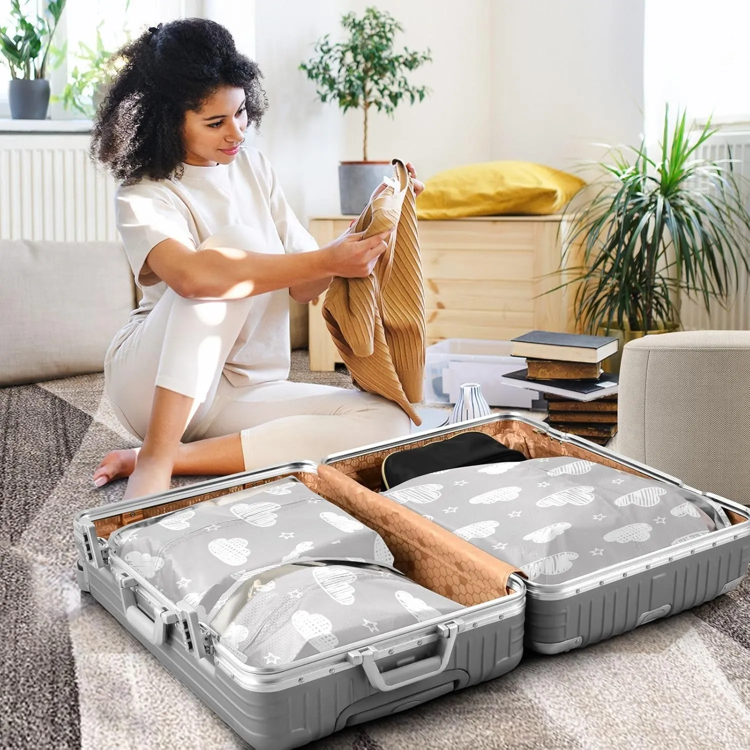 Luggage Space Saver, Organizadores De Maletas Para, Handdrawn Clouds Stars, With Zipper, 3 Set Travel Packing Cubes For Suitcases, Garment Bag Closet Storage