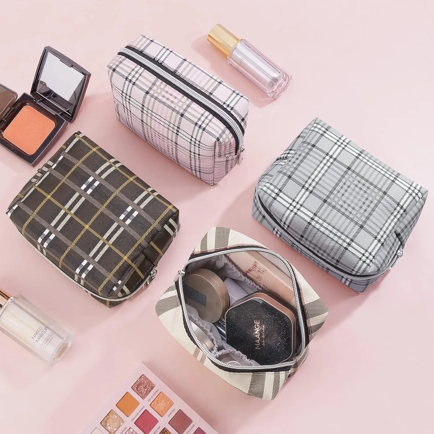 MAANGE Small Makeup Bag for Purse, Travel Makeup Pouch PU Leather Portable Versatile Zipper Pouch Cosmetic Bags for Women (02)