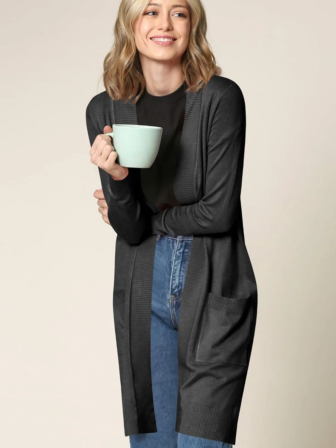 Made By Johnny Women's Open Front Casual Long Sleeve Knit Classic Sweaters Cardigan with Pockets