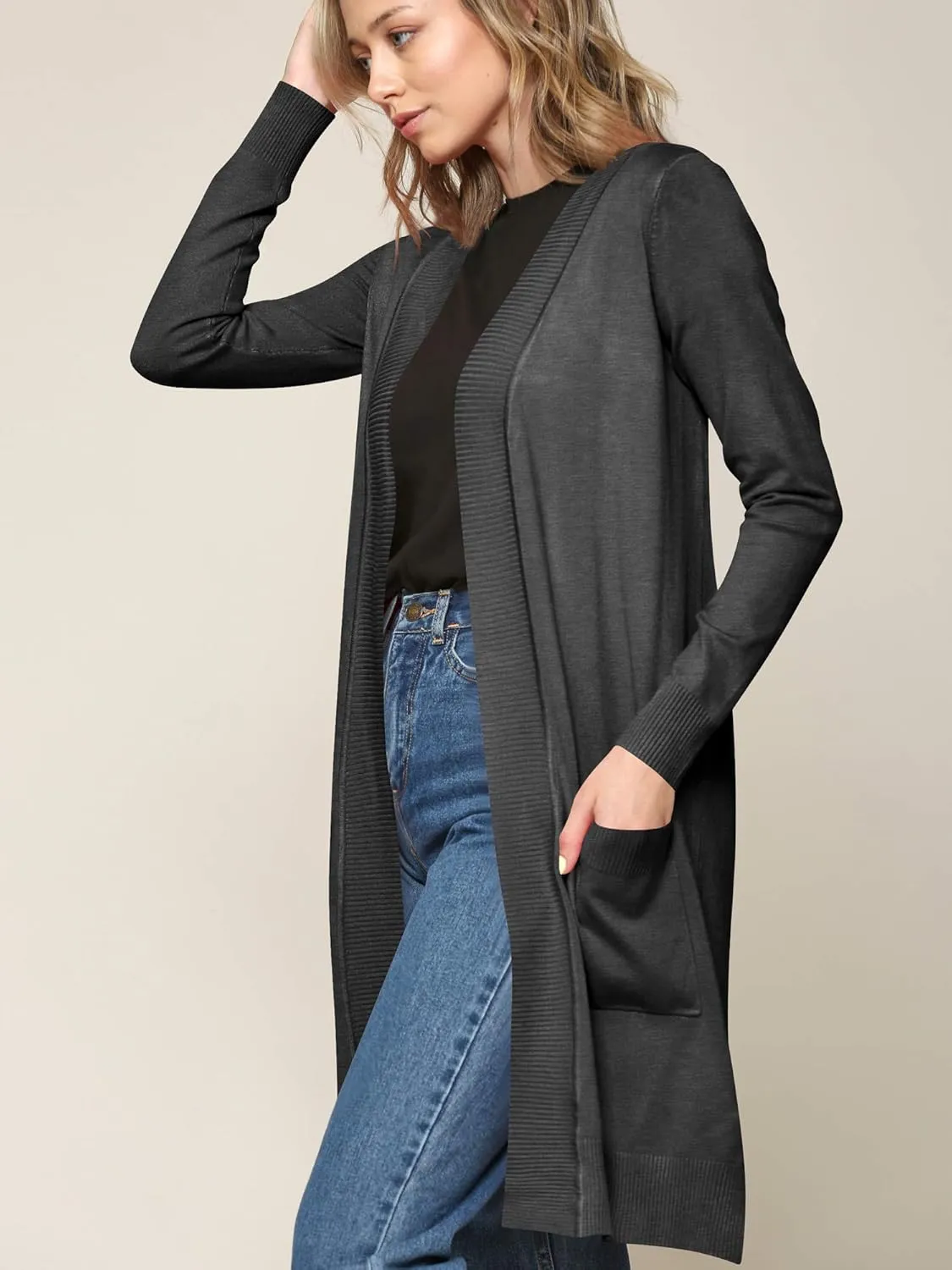 Made By Johnny Women's Open Front Casual Long Sleeve Knit Classic Sweaters Cardigan with Pockets