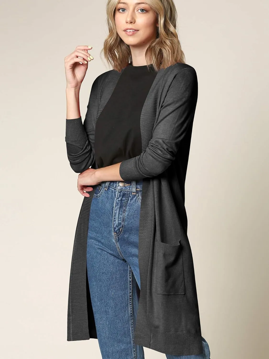 Made By Johnny Women's Open Front Casual Long Sleeve Knit Classic Sweaters Cardigan with Pockets