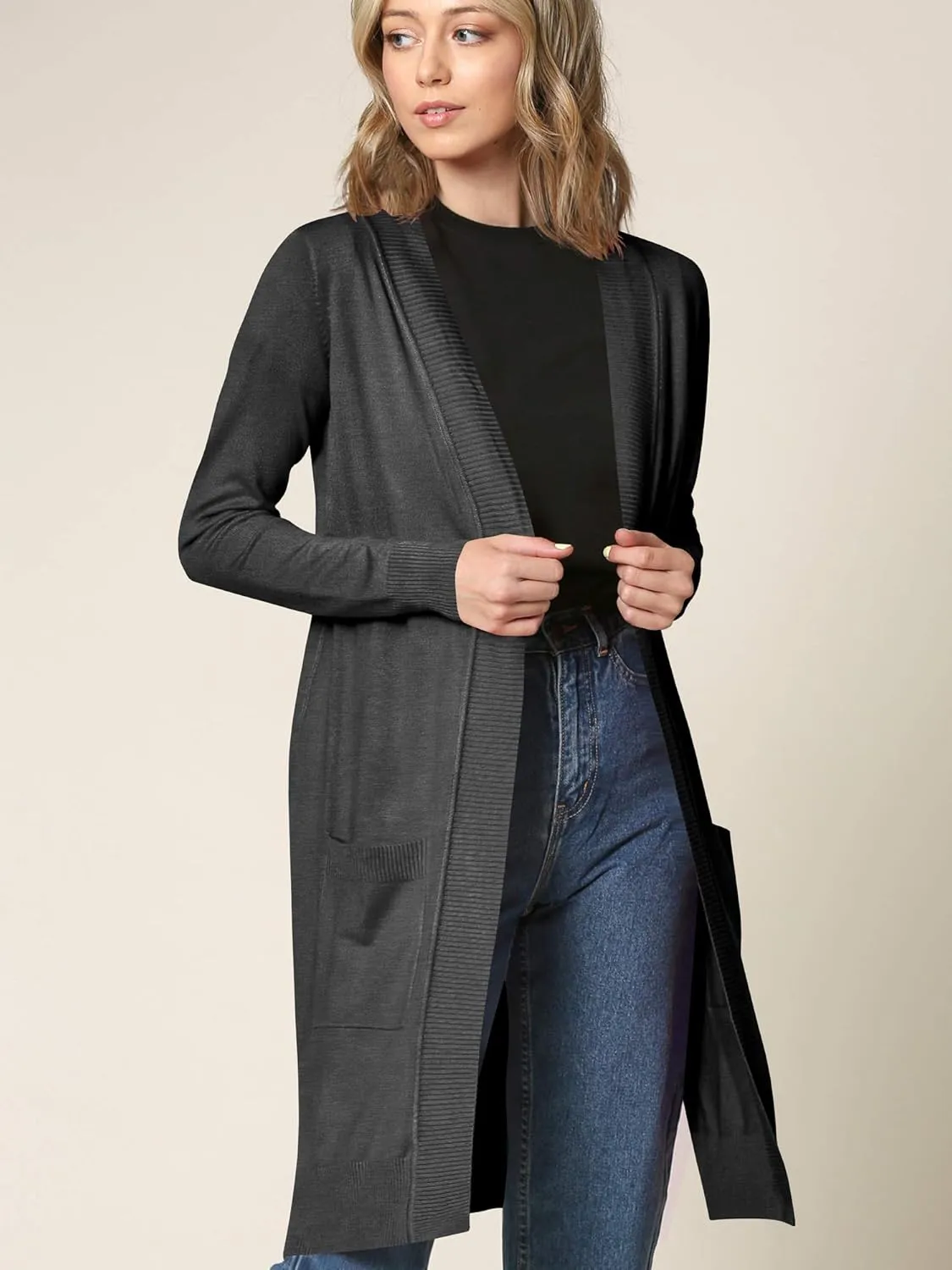 Made By Johnny Women's Open Front Casual Long Sleeve Knit Classic Sweaters Cardigan with Pockets