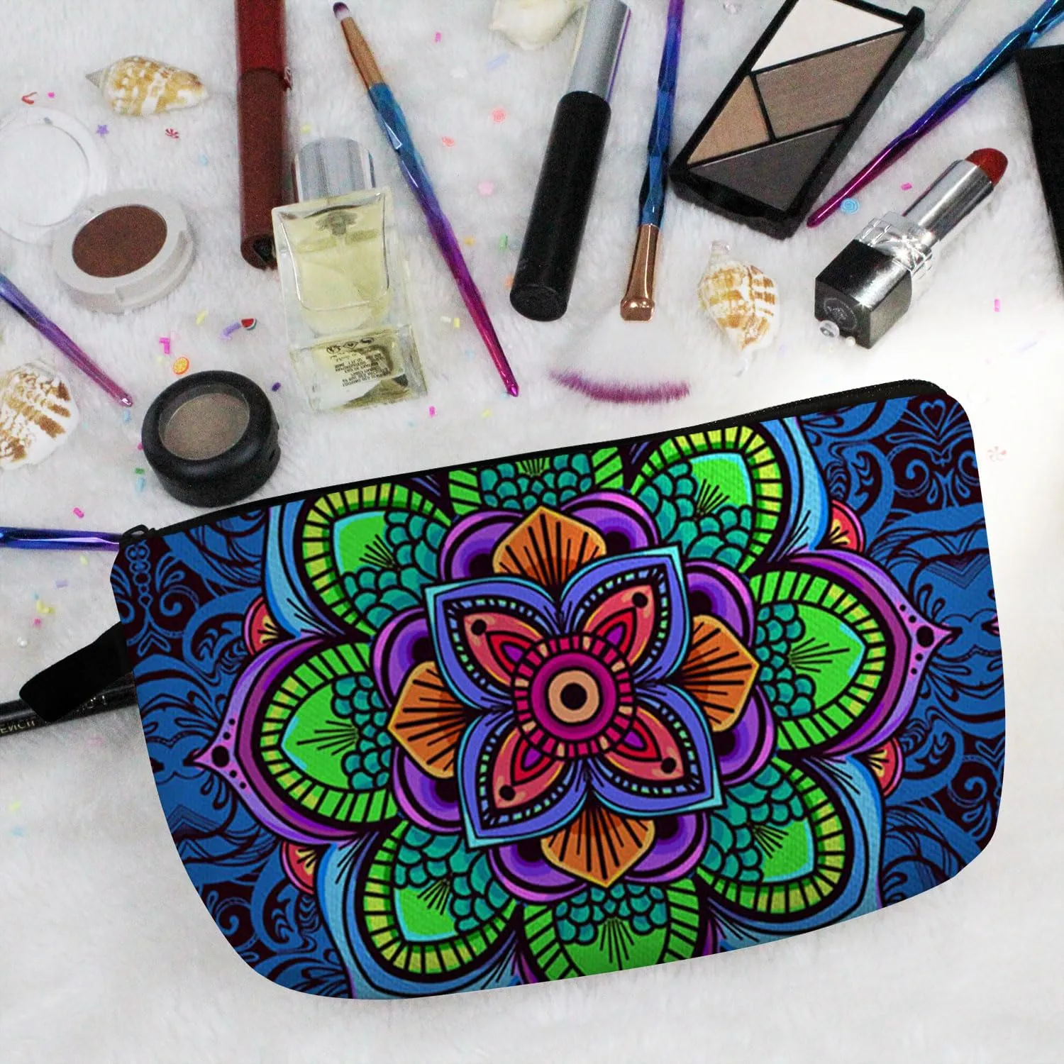 Mandala Flowers Cosmetic Bag Cute Stylish Small Makeup Organizer Zipper Pouch Floral Mandala Birthday Aesthetic Present for Women Friends Sisters